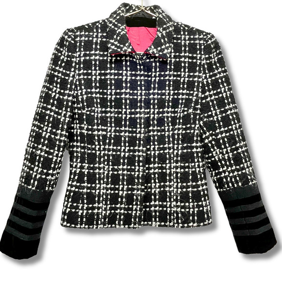 Algo Switzerland Wool Blazer in Black and White Red Accents Velvet Trim  XS - Picture 2 of 15